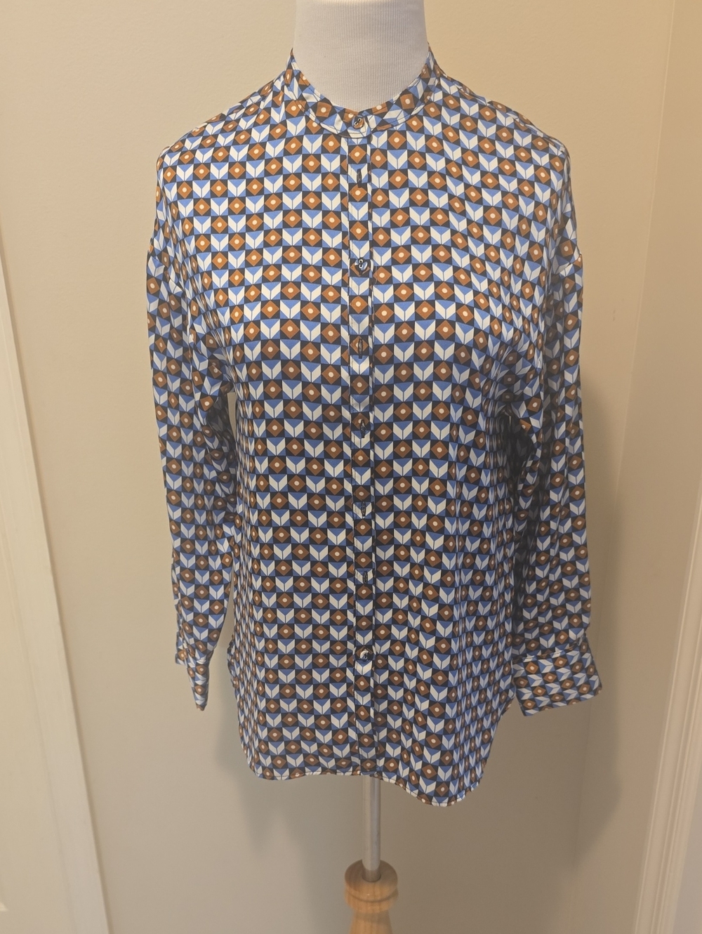 Zara Geometric Print Button-Down Shirt in Blue and Brown